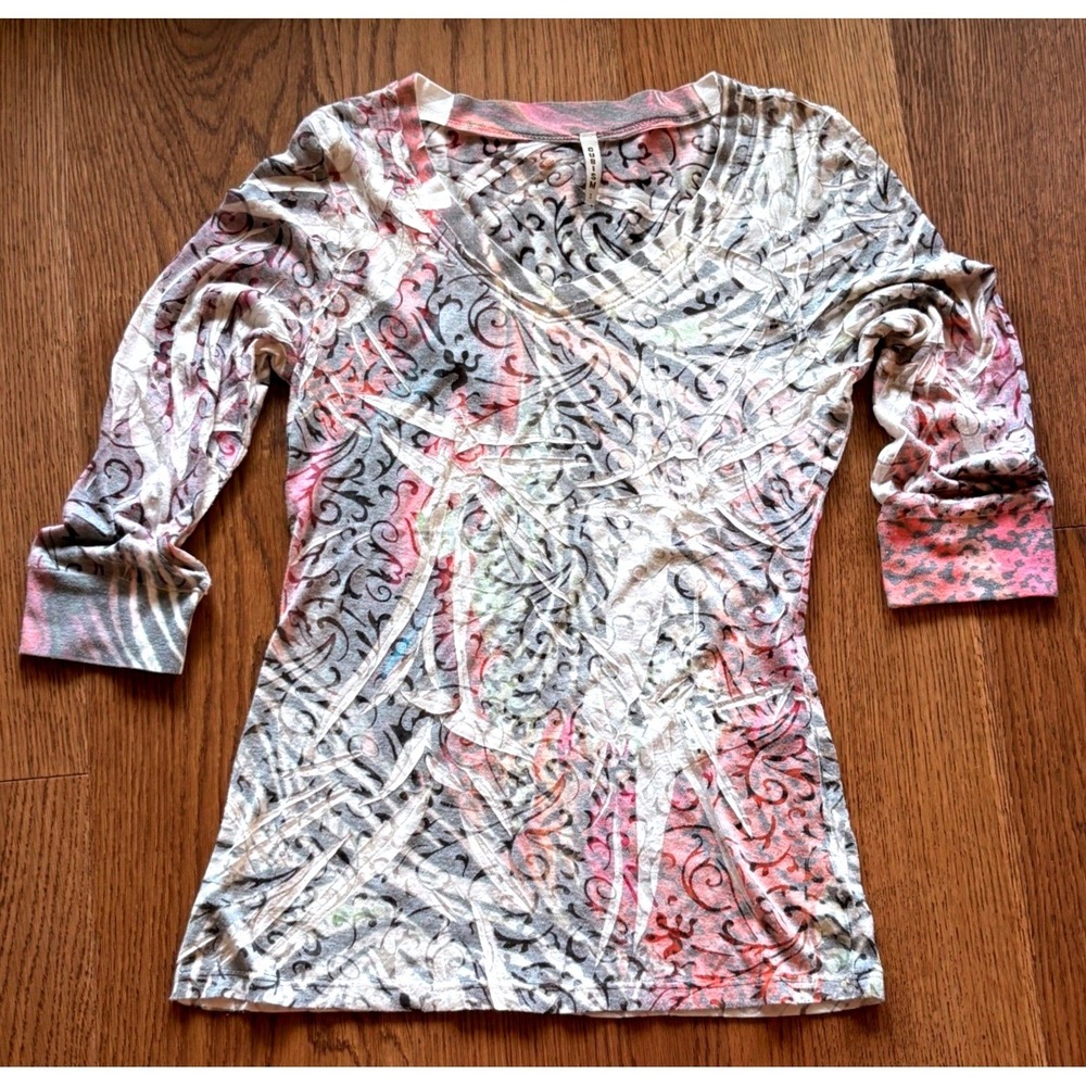 Cubism Abstract Print Top Womens Small Pink Grey Good 3/4 Sleeve V-Neck